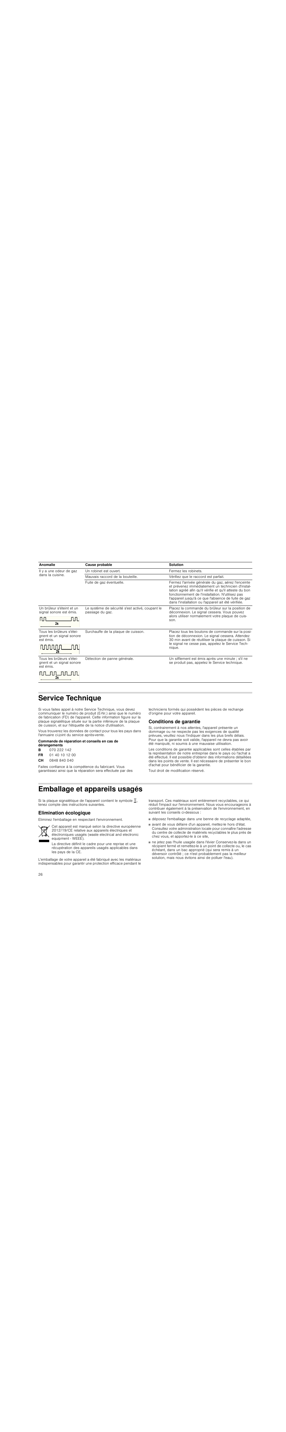 Service technique, Conditions de garantie, Emballage et appareils usagés | Elimination écologique | Siemens EG20158EU User Manual | Page 26 / 51