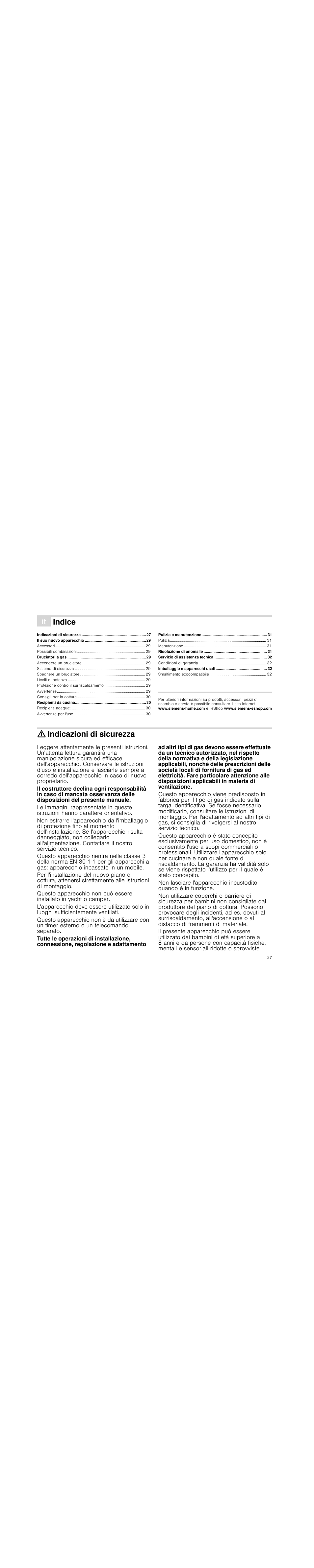 Â indice[it] istruzioni per l’uso, Indicazioni di sicurezza, Indice | Siemens EG20158EU User Manual | Page 27 / 51