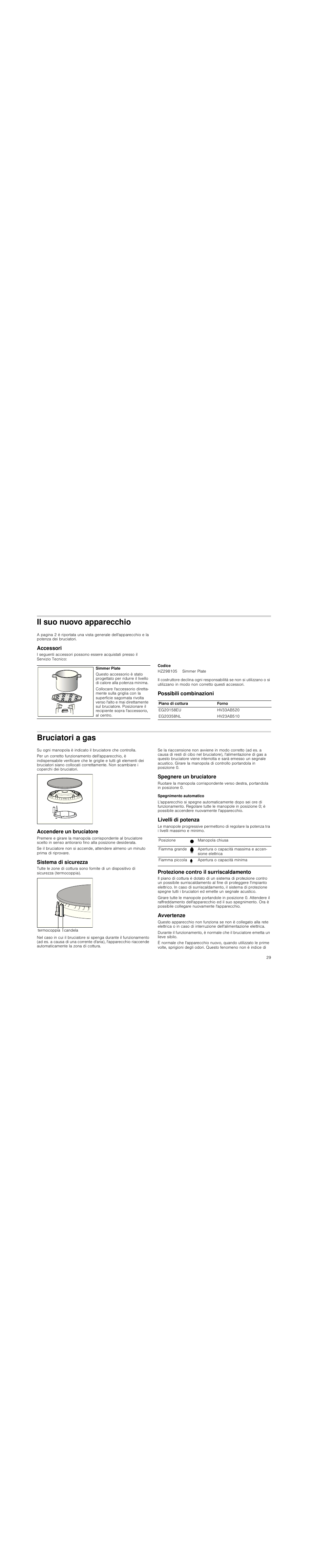 Il suo nuovo apparecchio, Accessori, Codice | Possibili combinazioni, Bruciatori a gas, Accendere un bruciatore, Sistema di sicurezza, Spegnere un bruciatore, Spegnimento automatico, Livelli di potenza | Siemens EG20158EU User Manual | Page 29 / 51