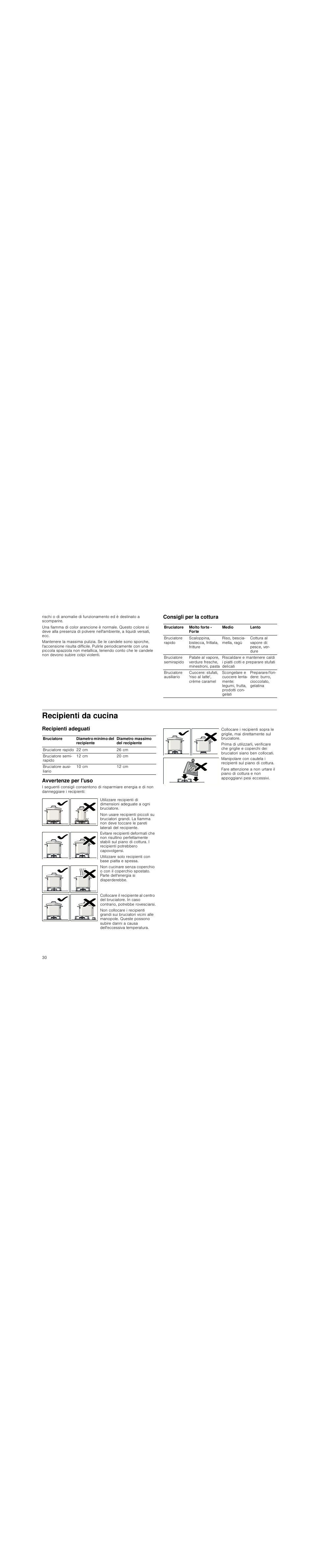 Consigli per la cottura, Recipienti da cucina, Recipienti adeguati | Avvertenze per l'uso, Recipienti adeguati avvertenze per l'uso | Siemens EG20158EU User Manual | Page 30 / 51