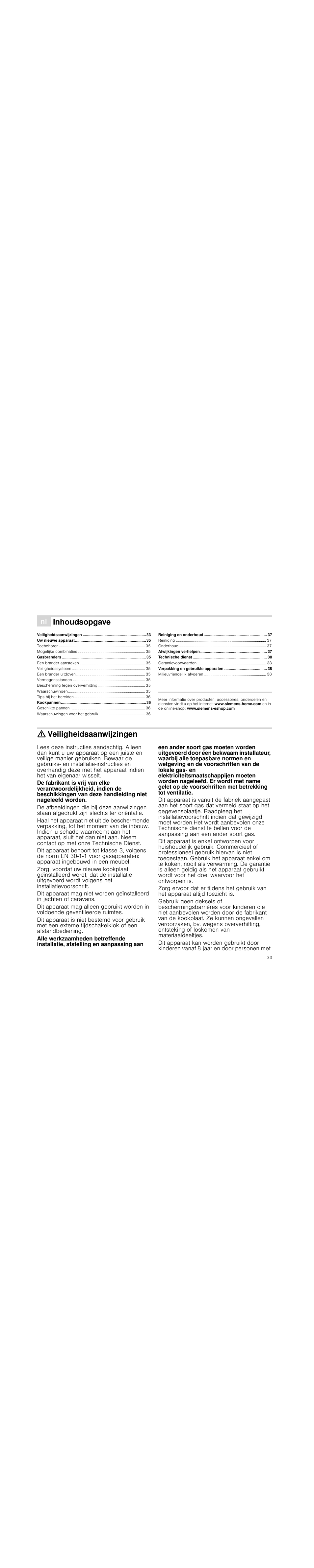 É inhoudsopgave[nl] gebruiksaanwijzing, Veiligheidsaanwijzingen, Inhoudsopgave | Siemens EG20158EU User Manual | Page 33 / 51