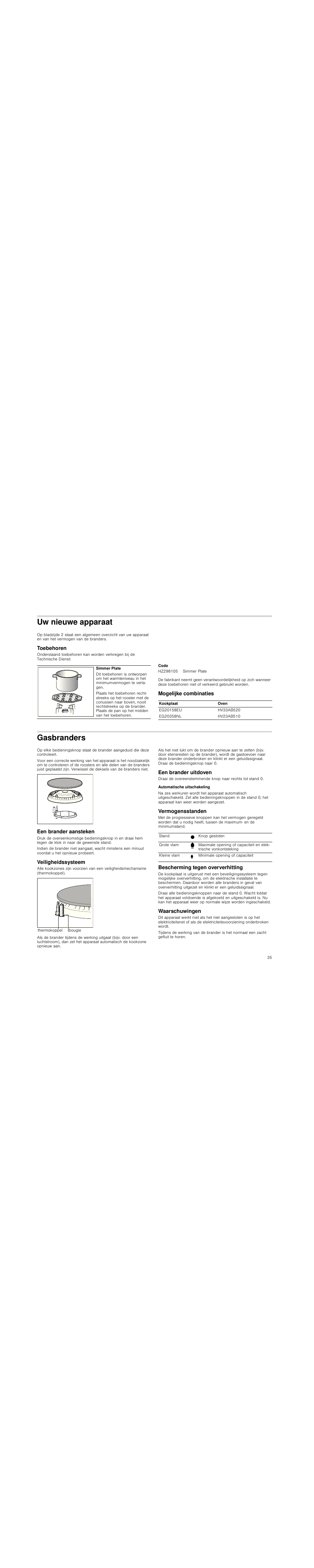 Uw nieuwe apparaat, Toebehoren, Code | Mogelijke combinaties, Gasbranders, Een brander aansteken, Veiligheidssysteem, Een brander uitdoven, Automatische uitschakeling, Vermogensstanden | Siemens EG20158EU User Manual | Page 35 / 51