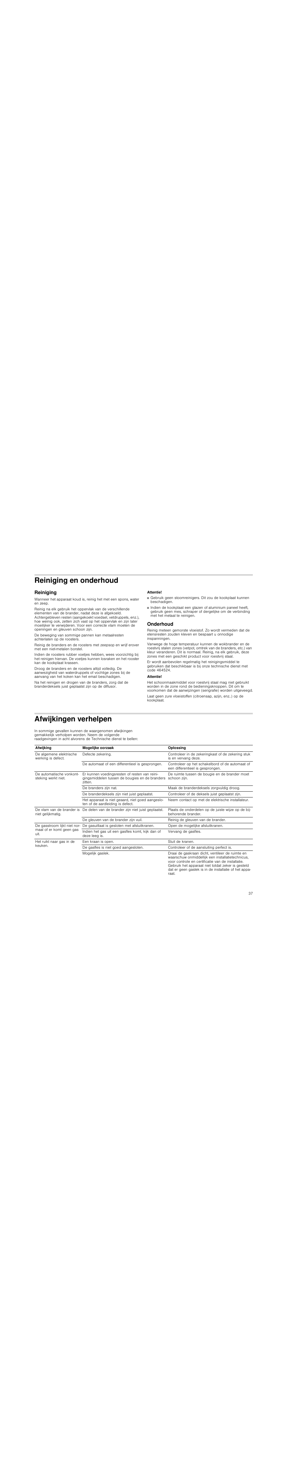 Reiniging en onderhoud, Reiniging, Attentie | Onderhoud, Afwijkingen verhelpen | Siemens EG20158EU User Manual | Page 37 / 51