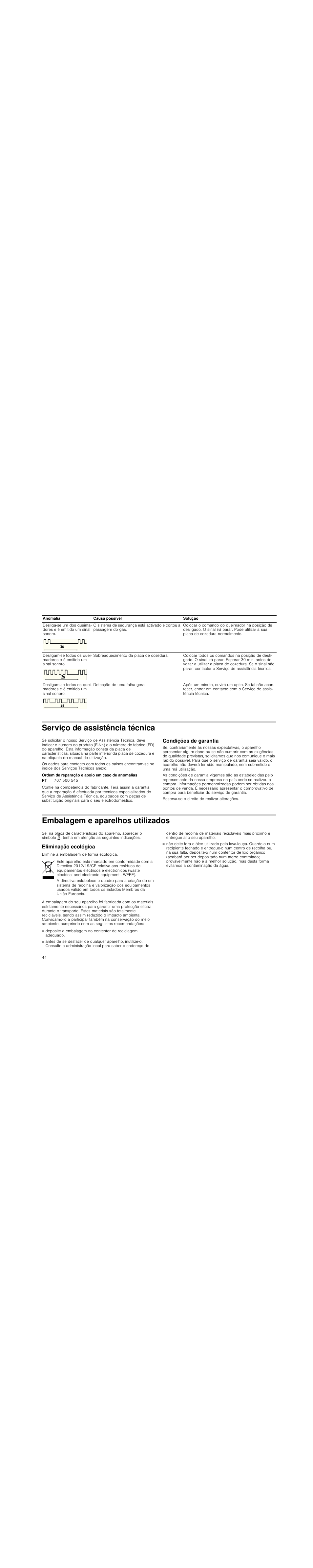 Serviço de assistência técnica, Ordem de reparação e apoio em caso de anomalias, Condições de garantia | Embalagem e aparelhos utilizados, Eliminação ecológica | Siemens EG20158EU User Manual | Page 44 / 51