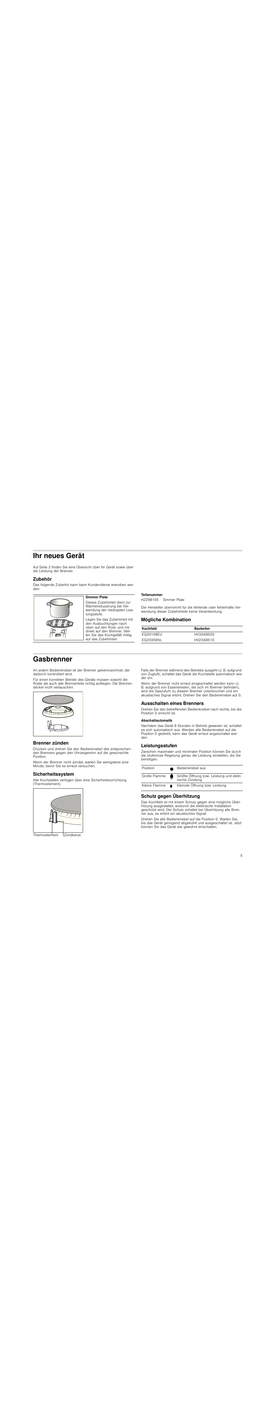 Ihr neues gerät, Zubehör, Teilenummer | Mögliche kombination, Gasbrenner, Brenner zünden, Sicherheitssystem, Ausschalten eines brenners, Abschaltautomatik, Leistungsstufen | Siemens EG20158EU User Manual | Page 5 / 51