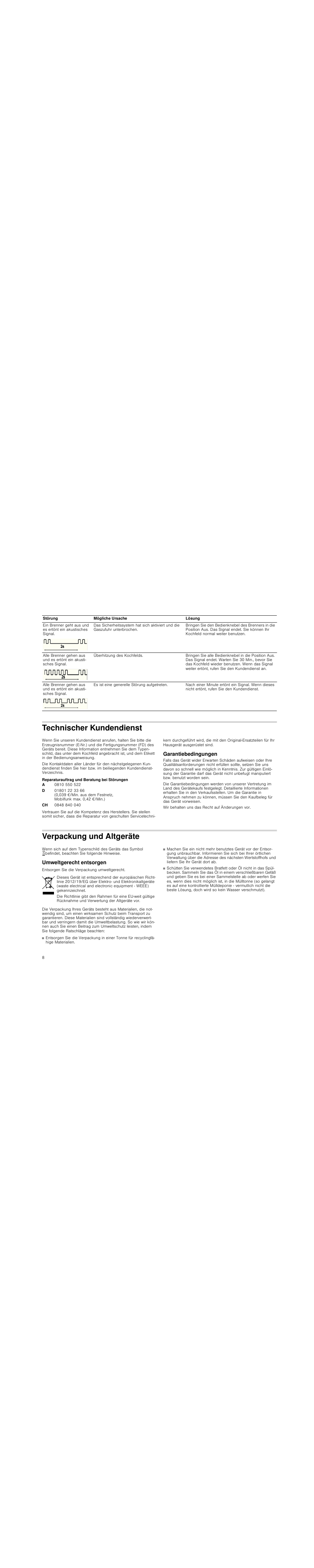 Technischer kundendienst, Reparaturauftrag und beratung bei störungen, Garantiebedingungen | Verpackung und altgeräte, Umweltgerecht entsorgen | Siemens EG20158EU User Manual | Page 8 / 51