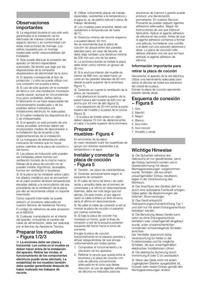 Observaciones importantes, Preparar los muebles - figura 1/2/3, Preparar mueblesć figura 4 | Instalar y conectar la placa de cocción ć figura 5, Esquema de conexión - figura 6, Wichtige hinweise | Siemens EH901SK11 User Manual | Page 3 / 16