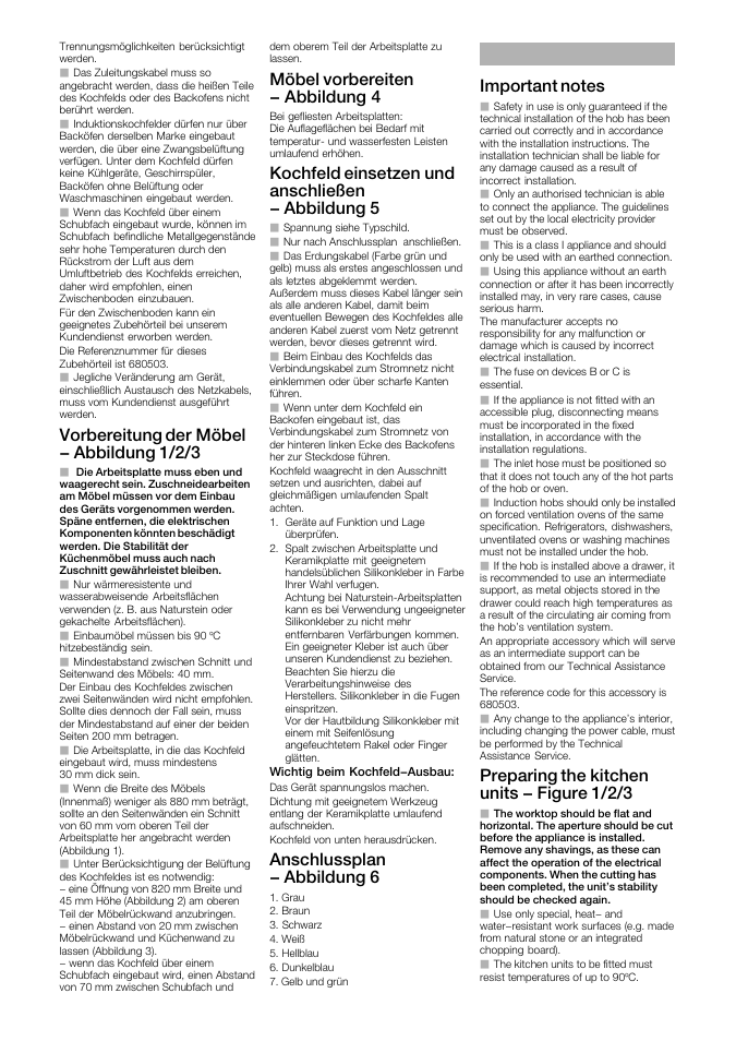 Vorbereitung der möbel - abbildung 1/2/3, Möbel vorbereiten - abbildung 4, Kochfeld einsetzen und anschließen - abbildung 5 | Anschlussplan - abbildung 6, Preparing the kitchen units - figure 1/2/3 | Siemens EH901SK11 User Manual | Page 4 / 16