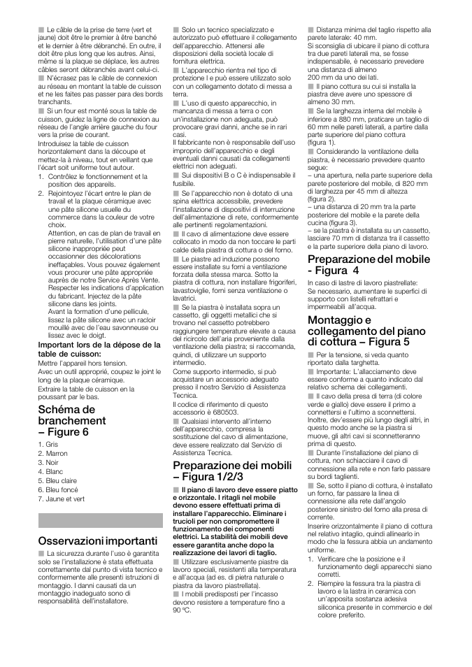 Schéma de branchement - figure 6, Osservazioni importanti, Preparazione dei mobili - figura 1/2/3 | Preparazione del mobile ć figura 4 | Siemens EH901SK11 User Manual | Page 6 / 16