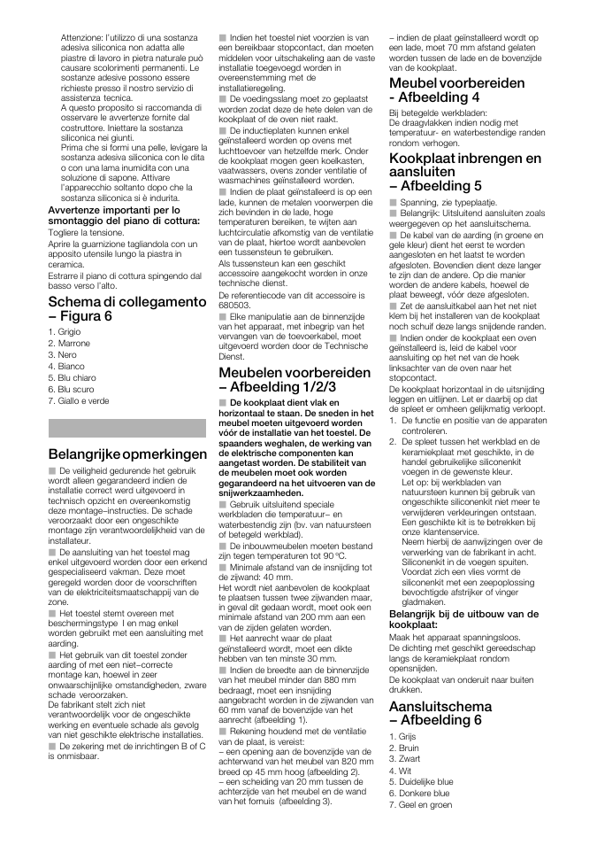 Schema di collegamento - figura 6, Belangrijke opmerkingen, Meubelen voorbereiden - afbeelding 1/2/3 | Meubel voorbereiden ć afbeelding 4, Kookplaat inbrengen en aansluiten - afbeelding 5, Aansluitschema - afbeelding 6 | Siemens EH901SK11 User Manual | Page 7 / 16