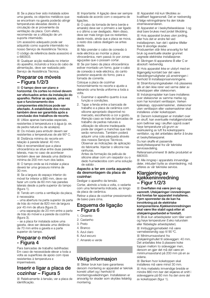 Preparar os móveis - figura 1/2/3, Preparar o móvel ć figura 4, Inserir e ligar a placa de cozinhar - figura 5 | Esquema de ligação - figura 6, Viktig informasjon, Klargjøring av kjøkkeninnredning - figur 1/2/3 | Siemens EH901SK11 User Manual | Page 9 / 16