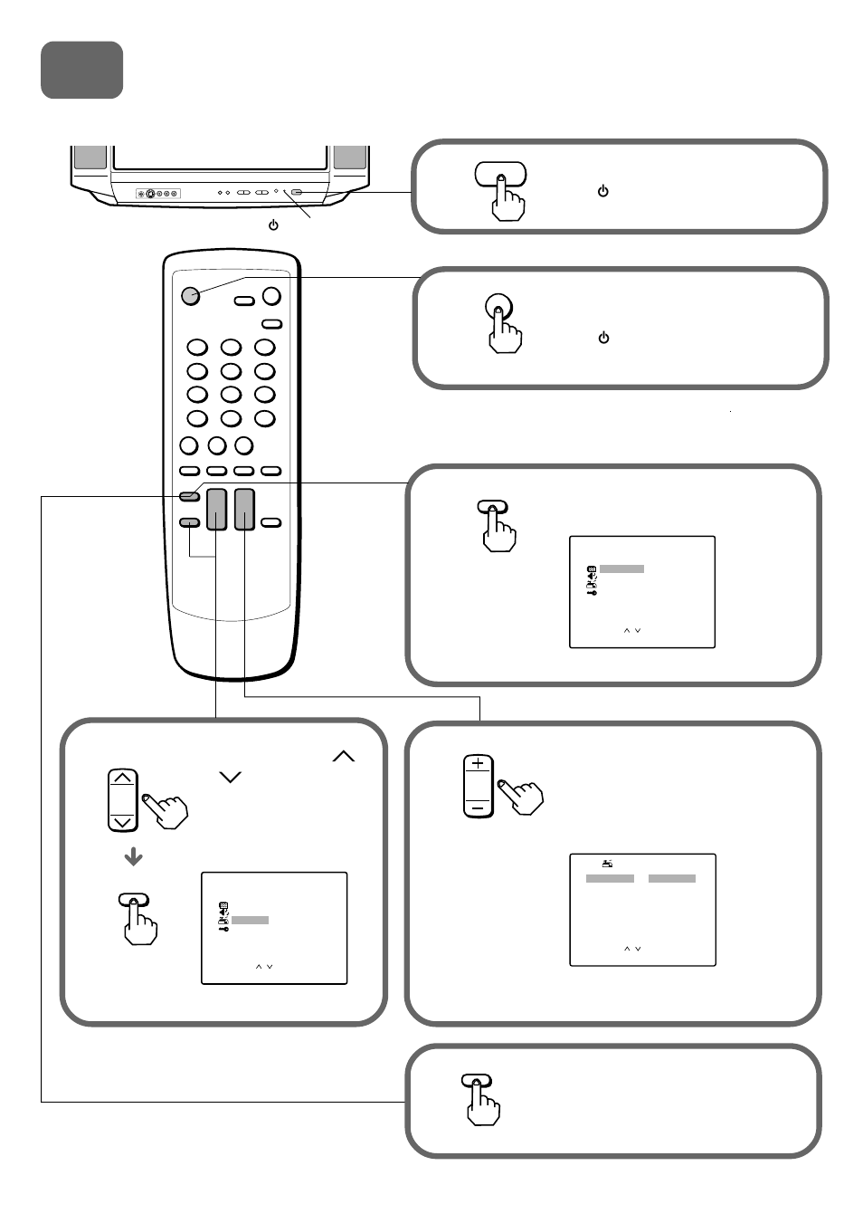 Setting the language, Channel, Enter | Volume, Power, Menu | Aiwa TV-F2000u User Manual | Page 4 / 80