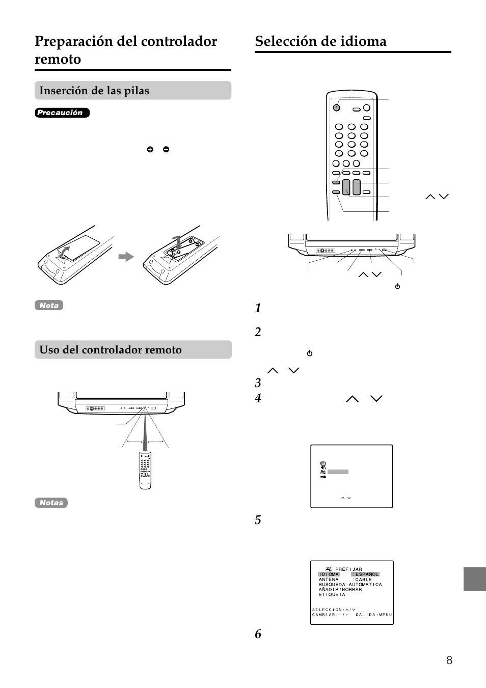 Preparación del controlador remoto, Selección de idioma, Inserción de las pilas | Uso del controlador remoto | Aiwa TV-F2000u User Manual | Page 40 / 80