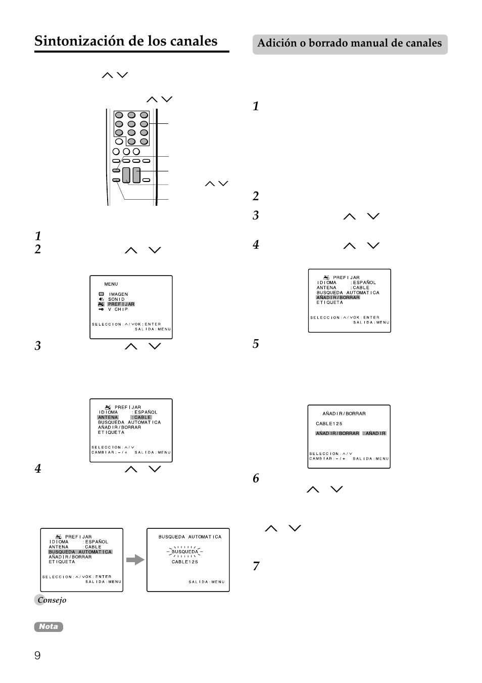 Sintonización de los canales, Adición o borrado manual de canales | Aiwa TV-F2000u User Manual | Page 41 / 80