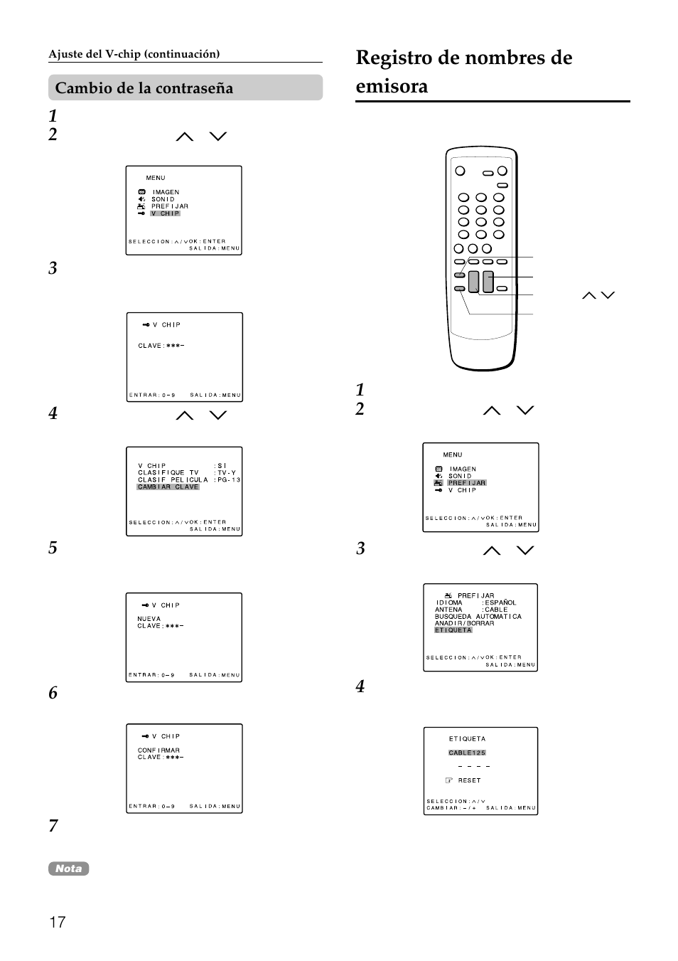 Registro de nombres de emisora, 17 cambio de la contraseña | Aiwa TV-F2000u User Manual | Page 49 / 80