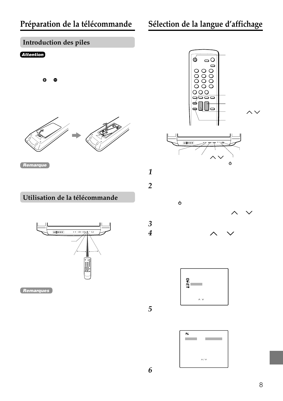 Préparation de la télécommande, Sélection de la langue d’affichage, Introduction des piles | Utilisation de la télécommande | Aiwa TV-F2000u User Manual | Page 66 / 80