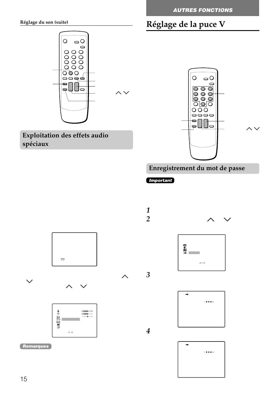 Réglage de la puce v, Enregistrement du mot de passe, 15 exploitation des effets audio spéciaux | Utilisation de la touche unique, Pour exploiter le menu son, Autres fonctions | Aiwa TV-F2000u User Manual | Page 73 / 80