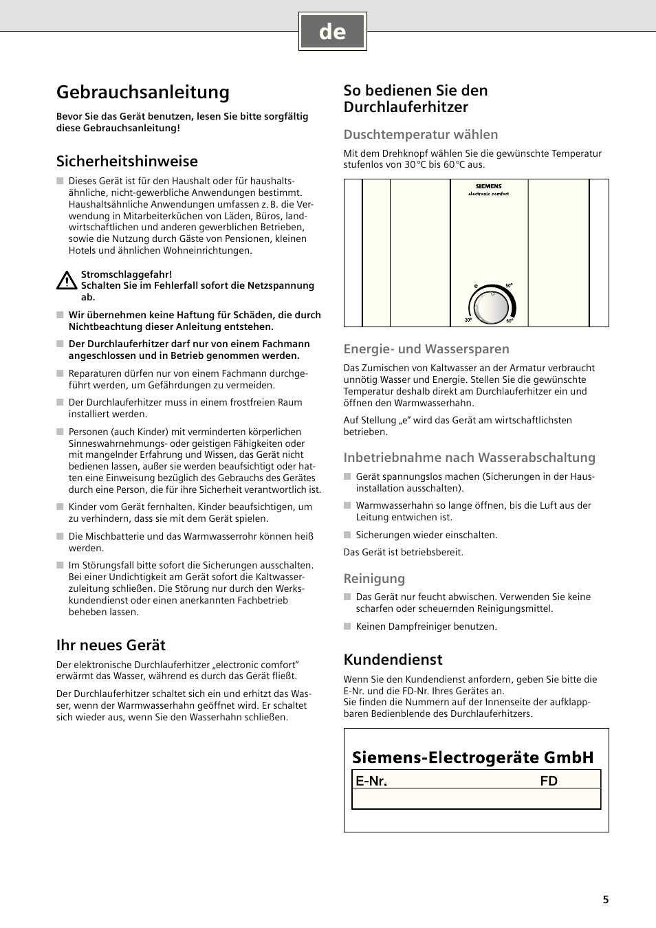 Gebrauchsanleitung, Sicherheitshinweise, Ihr neues gerät | So bedienen sie den durchlauferhitzer, Kundendienst, Duschtemperatur wählen, Energie- und wassersparen, Inbetriebnahme nach wasserabschaltung, Reinigung | Siemens DE2427415 User Manual | Page 11 / 46
