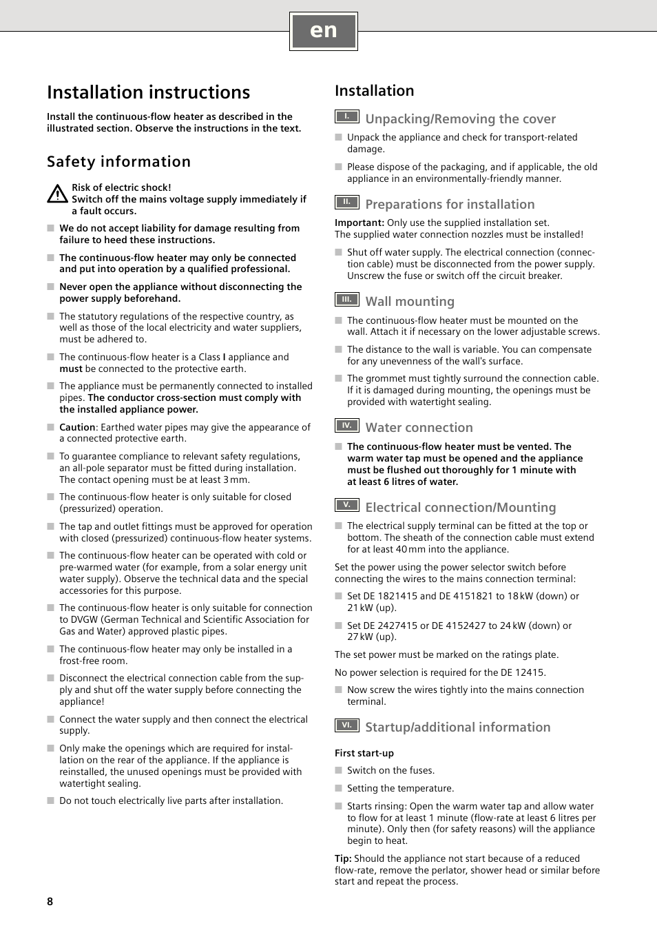 Installation instructions, Safety information, Installation | Unpacking/removing the cover, Preparations for installation, Wall mounting, Water connection, Electrical connection/mounting, Startup/additional information | Siemens DE2427415 User Manual | Page 14 / 46