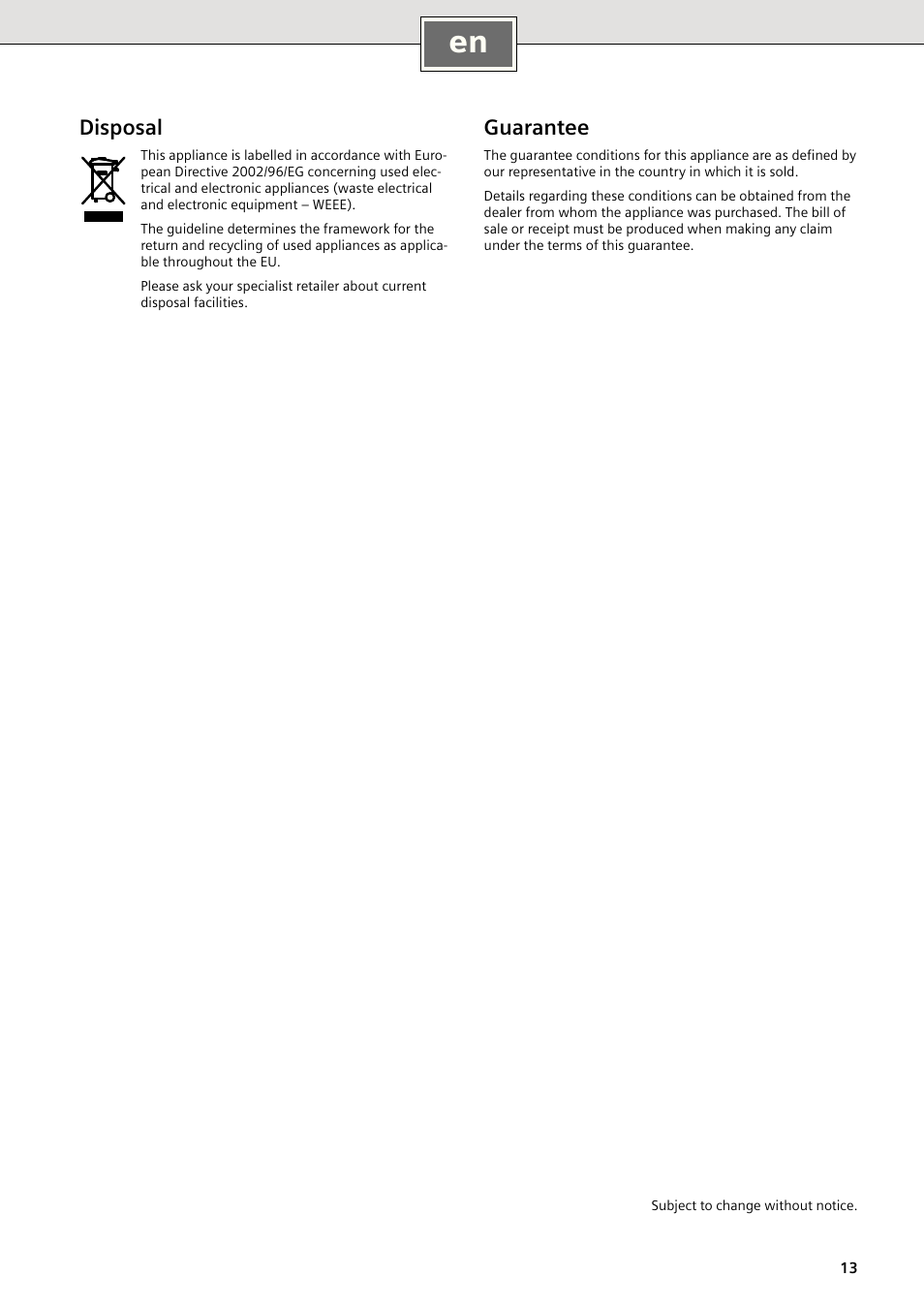 Disposal, Guarantee | Siemens DE2427415 User Manual | Page 19 / 46