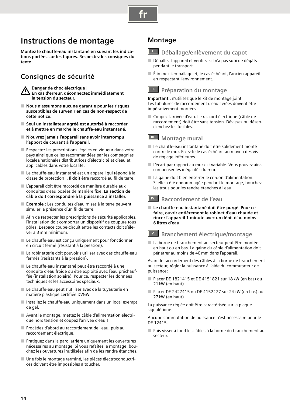 Instructions de montage, Consignes de sécurité, Montage | Déballage/enlèvement du capot, Préparation du montage, Montage mural, Raccordement de l’eau, Branchement électrique/montage | Siemens DE2427415 User Manual | Page 20 / 46