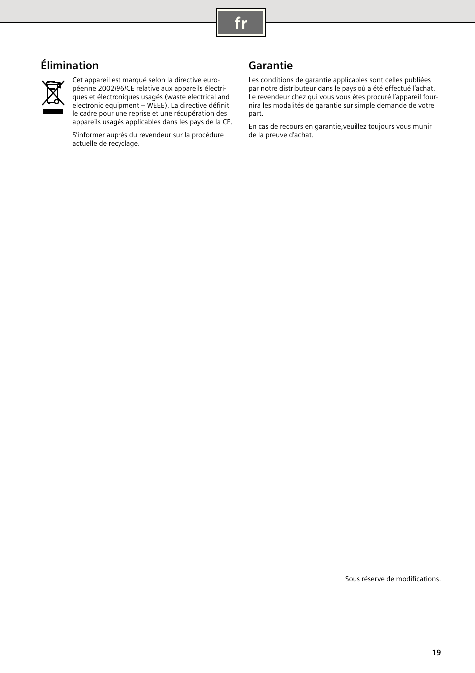Élimination, Garantie | Siemens DE2427415 User Manual | Page 25 / 46