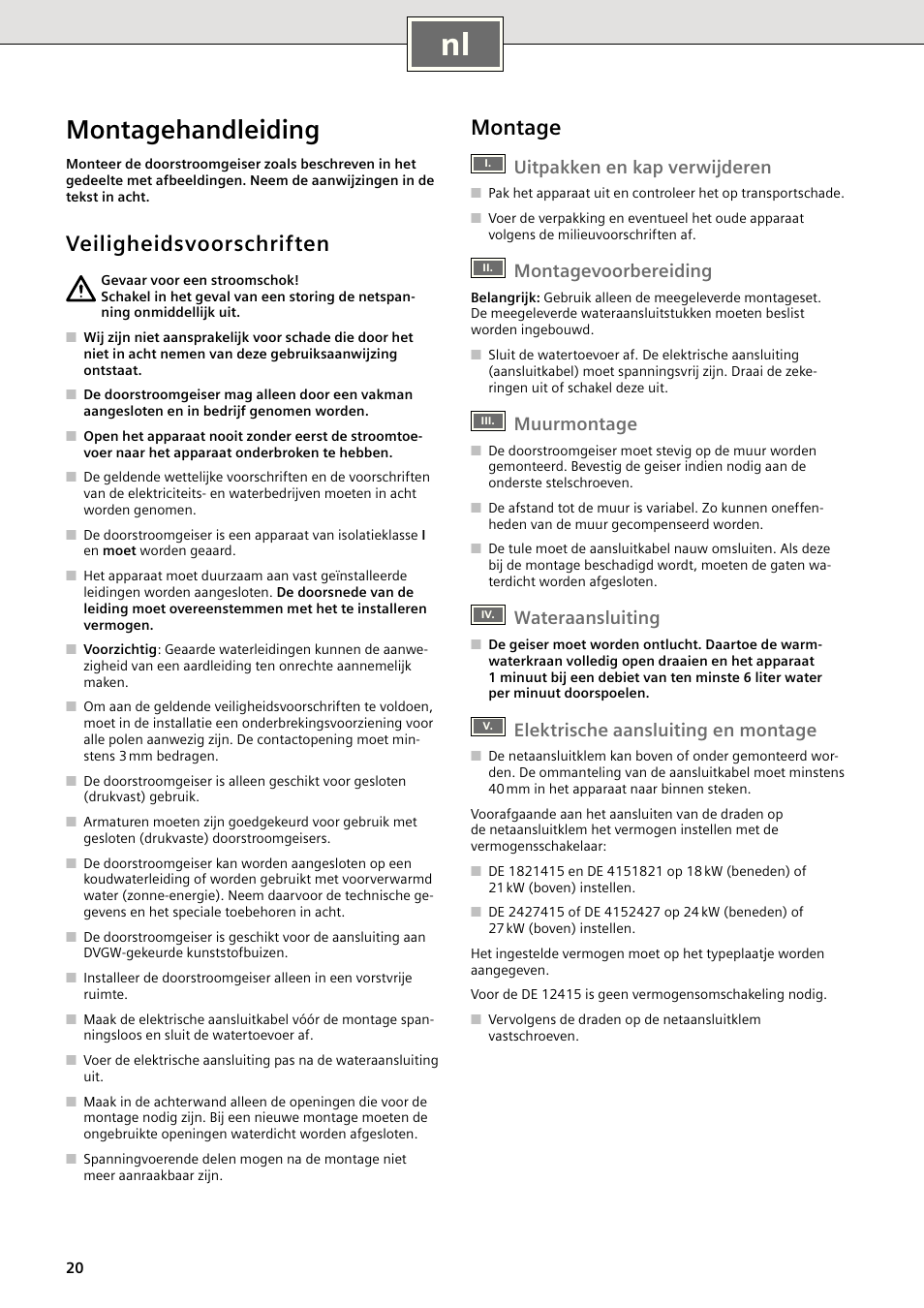 Montagehandleiding, Veiligheidsvoorschriften, Montage | Uitpakken en kap verwijderen, Montagevoorbereiding, Muurmontage, Wateraansluiting, Elektrische aansluiting en montage | Siemens DE2427415 User Manual | Page 26 / 46