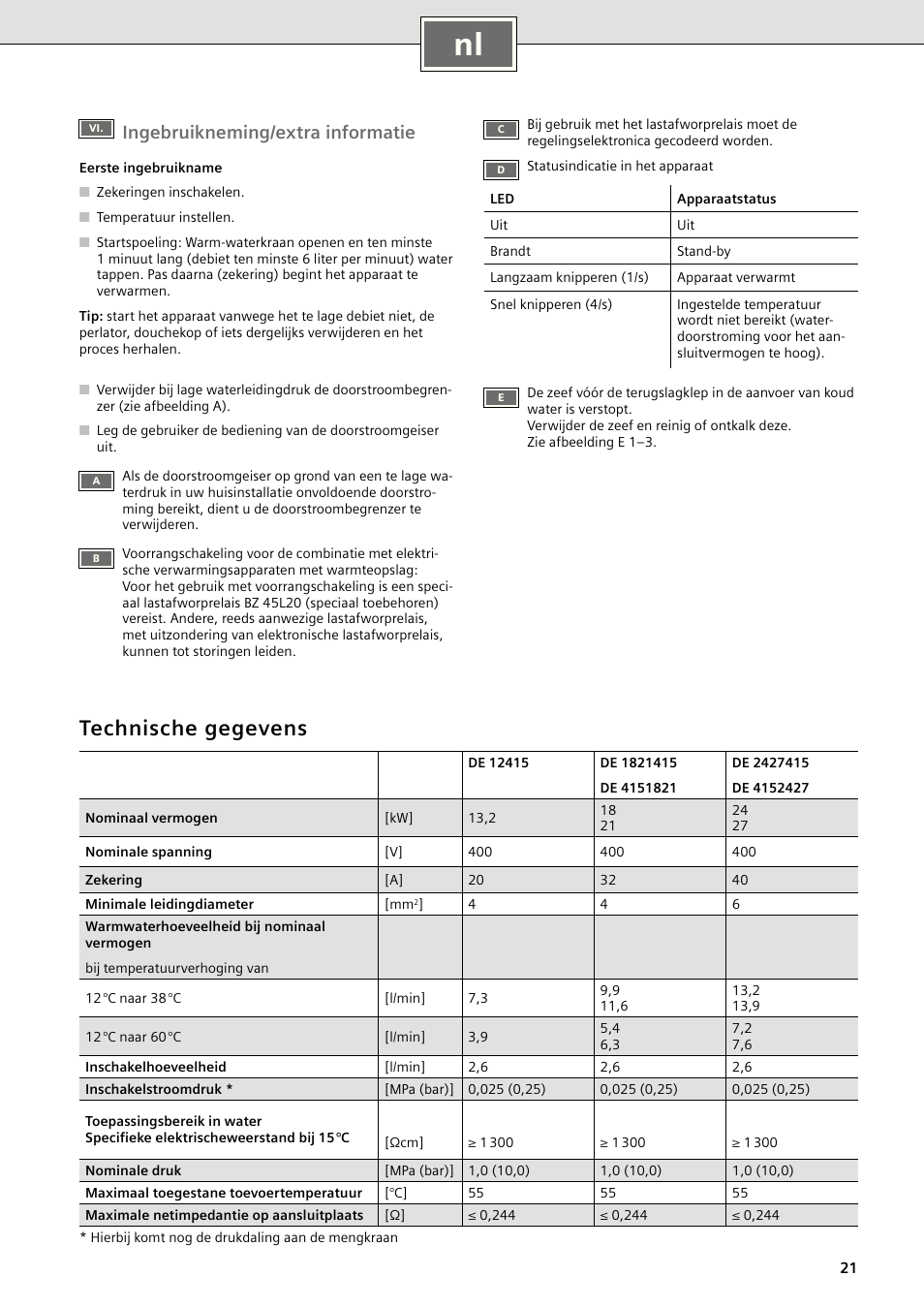 Technische gegevens, Ingebruikneming/extra informatie | Siemens DE2427415 User Manual | Page 27 / 46