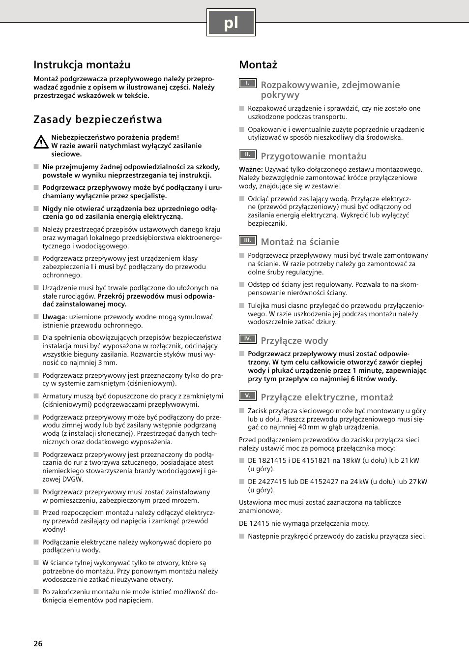 Instrukcja montażu, Zasady bezpieczeństwa, Montaż | Rozpakowywanie, zdejmowanie pokrywy, Przygotowanie montażu, Montaż na ścianie, Przyłącze wody, Przyłącze elektryczne, montaż | Siemens DE2427415 User Manual | Page 32 / 46