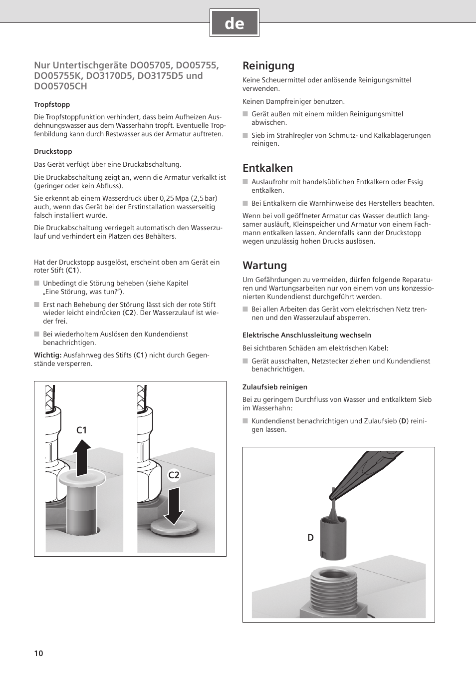 Reinigung, Entkalken, Wartung | C1 c2 | Siemens DO05755K User Manual | Page 10 / 64