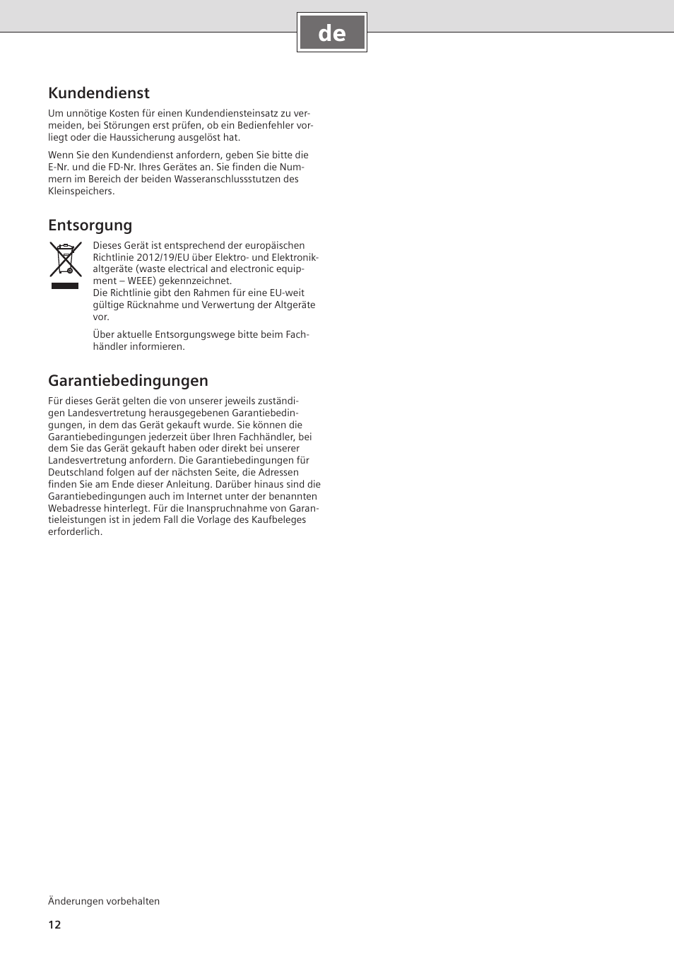 Kundendienst, Entsorgung, Garantiebedingungen | Siemens DO05755K User Manual | Page 12 / 64