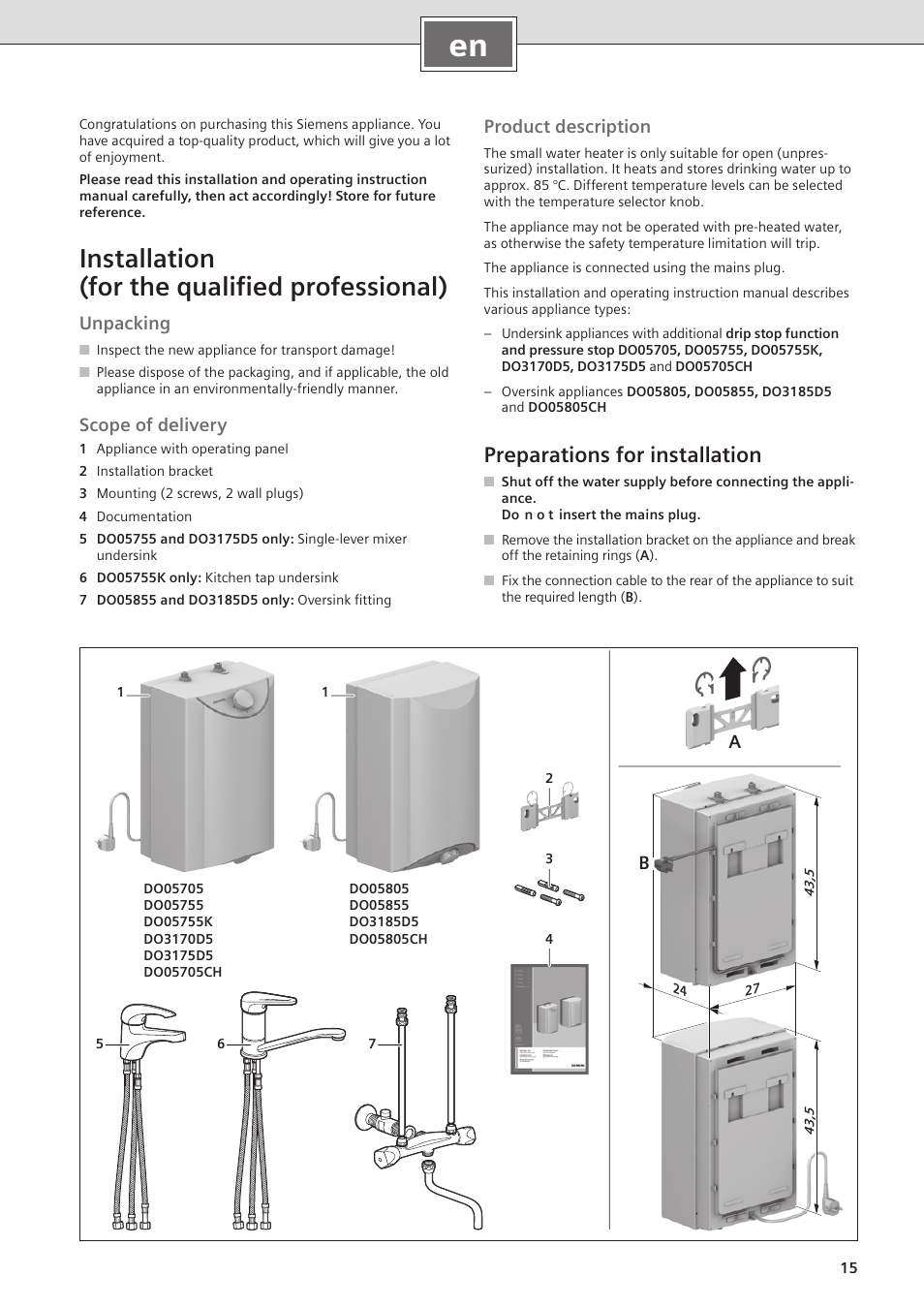 Installation (for the qualiﬁed professional), Preparations for installation, Unpacking | Scope of delivery, Product description | Siemens DO05755K User Manual | Page 15 / 64