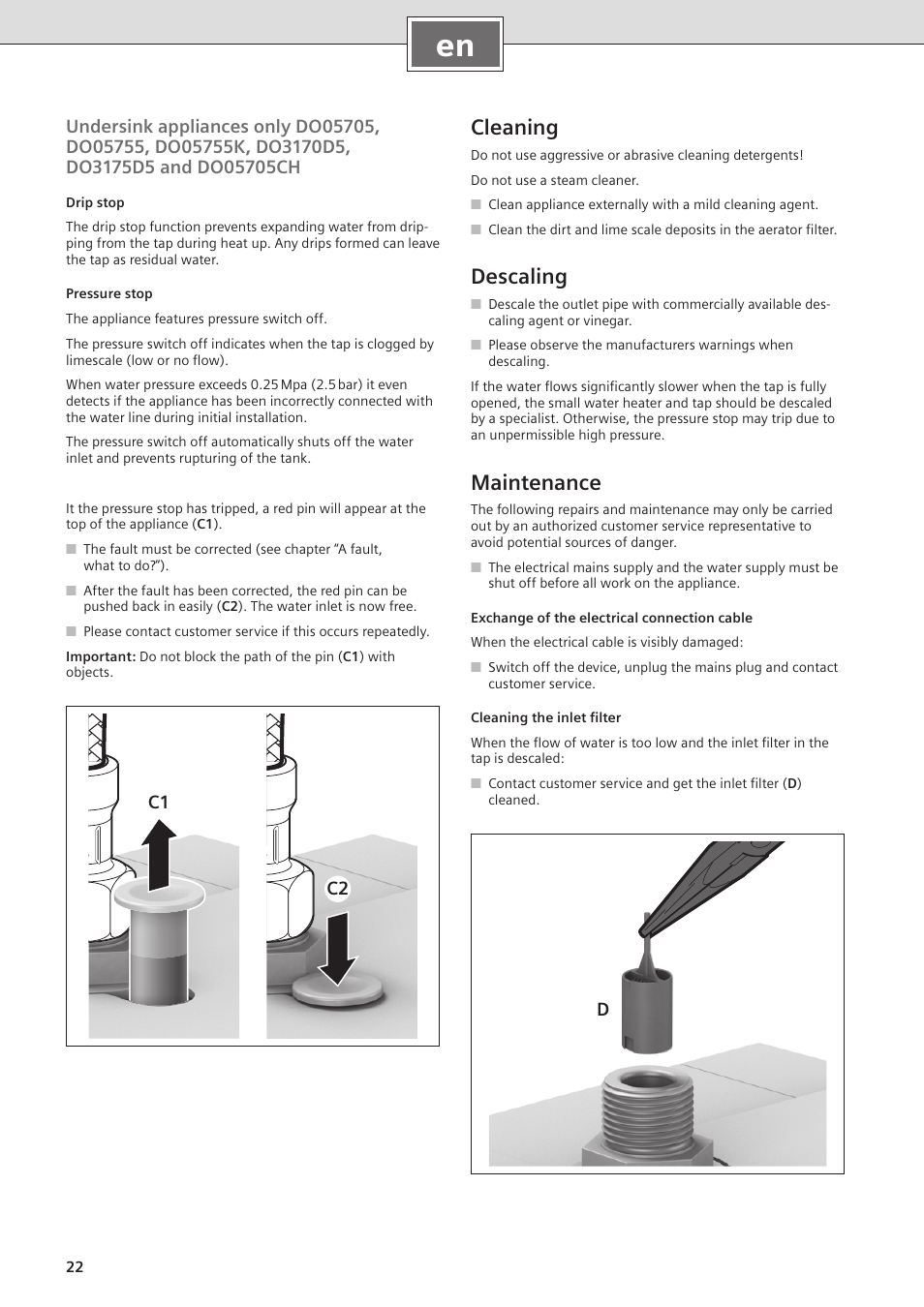 Cleaning, Descaling, Maintenance | C1 c2 | Siemens DO05755K User Manual | Page 22 / 64