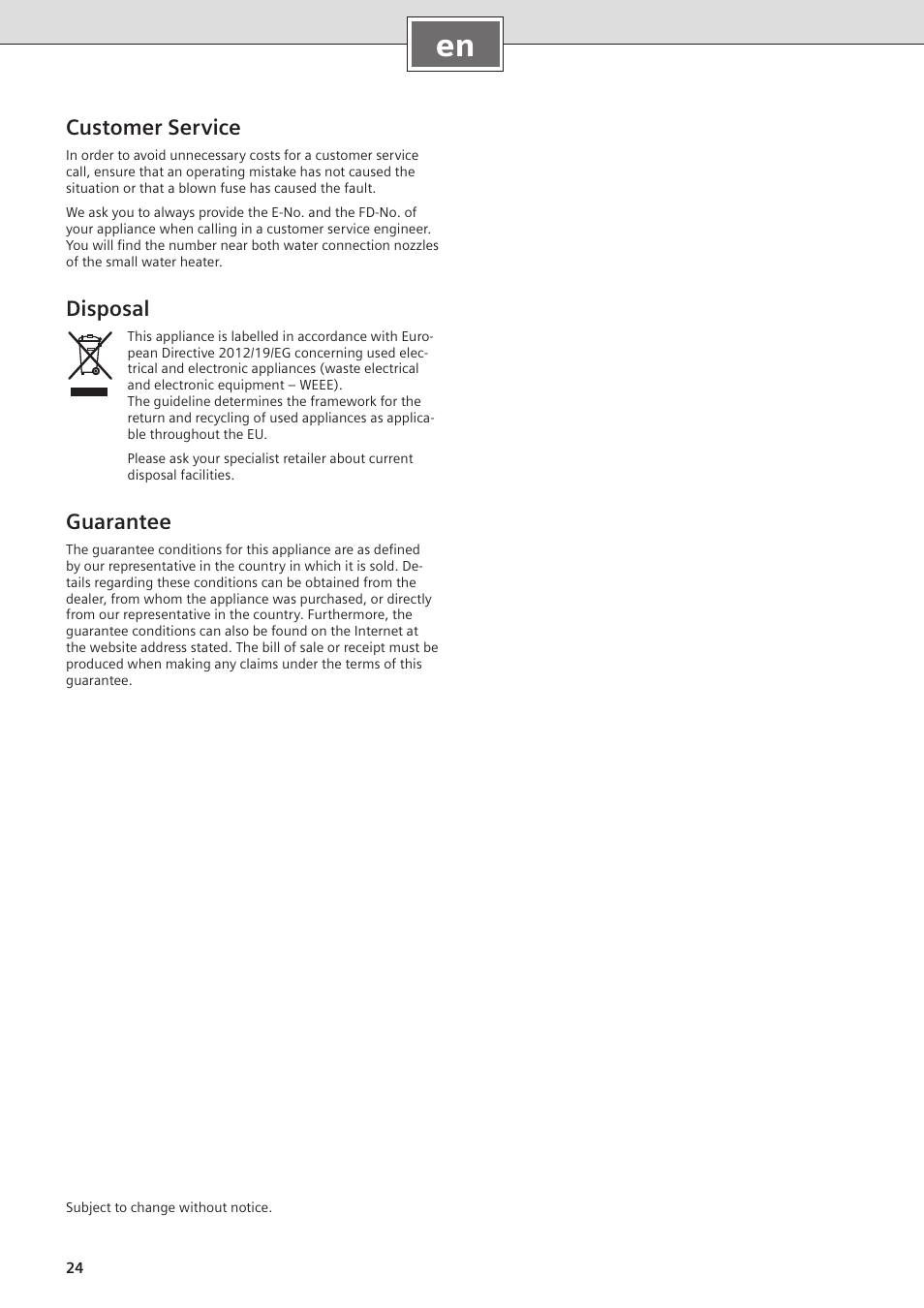 Customer service, Disposal, Guarantee | Siemens DO05755K User Manual | Page 24 / 64