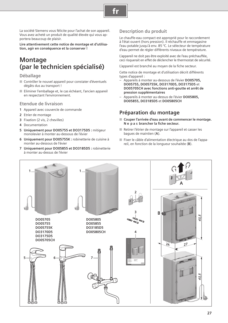 Montage (par le technicien spécialisé), Préparation du montage, Déballage | Etendue de livraison, Description du produit | Siemens DO05755K User Manual | Page 27 / 64