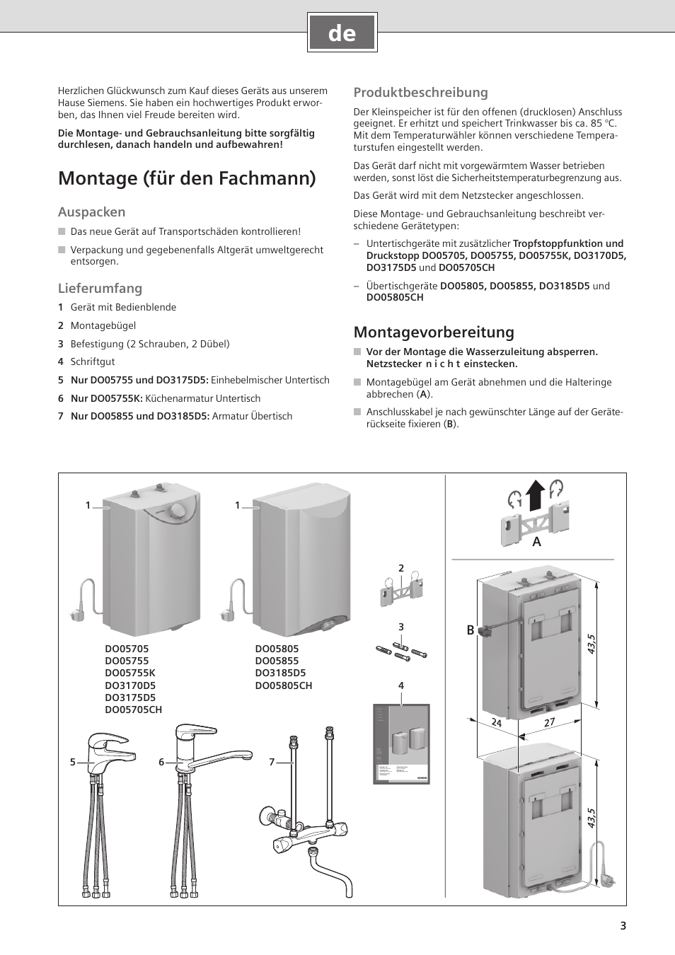 Montage (für den fachmann), Montagevorbereitung, Auspacken | Lieferumfang, Produktbeschreibung | Siemens DO05755K User Manual | Page 3 / 64