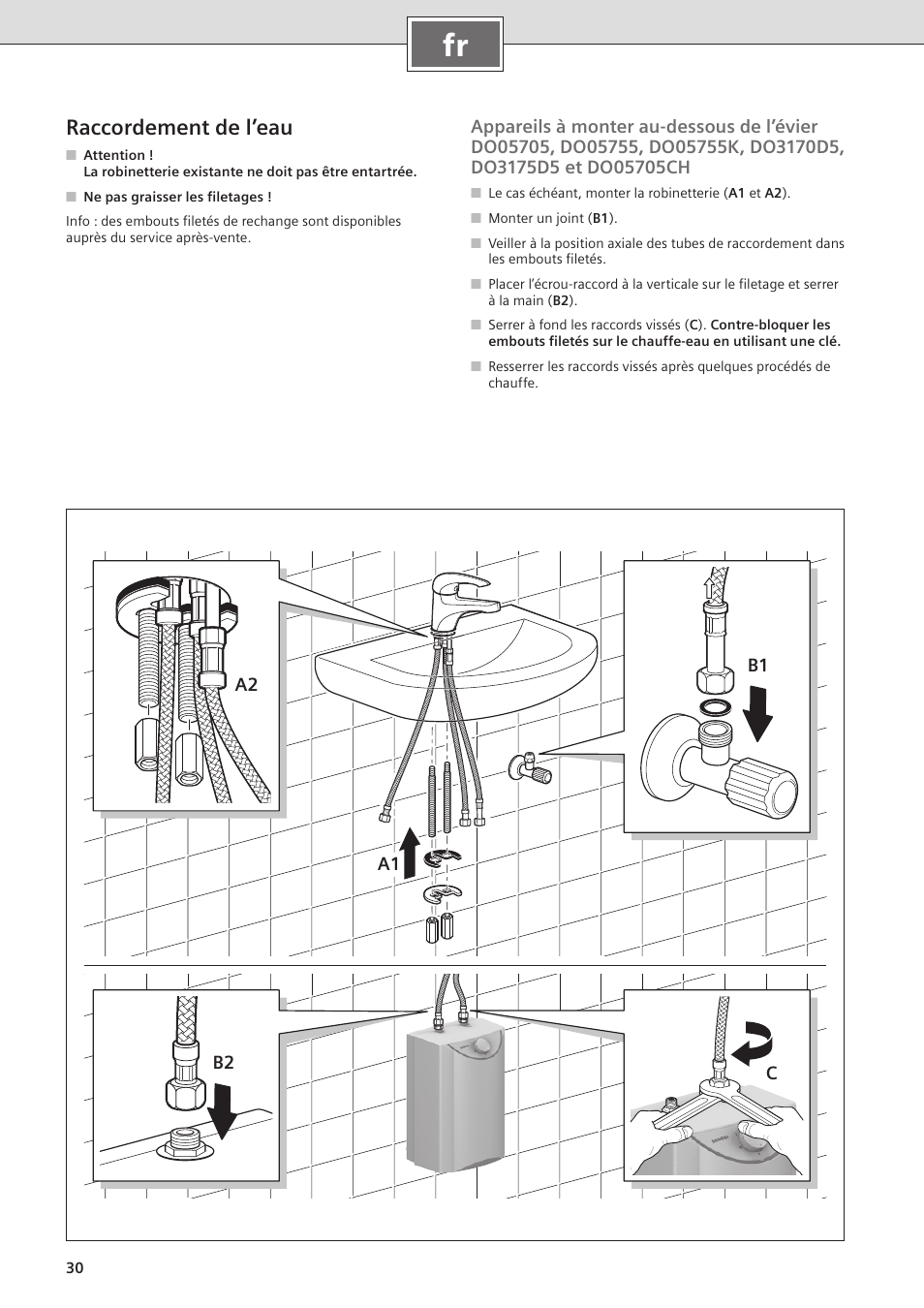 Raccordement de l’eau, B2 c a1 a2 b1 | Siemens DO05755K User Manual | Page 30 / 64