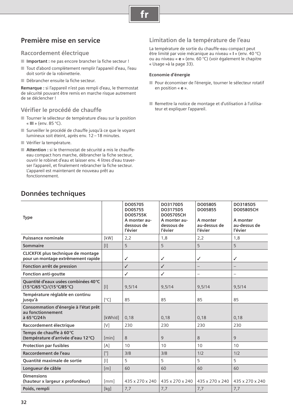 Première mise en service, Données techniques, Raccordement électrique | Vériﬁer le procédé de chauffe, Limitation de la température de l’eau | Siemens DO05755K User Manual | Page 32 / 64