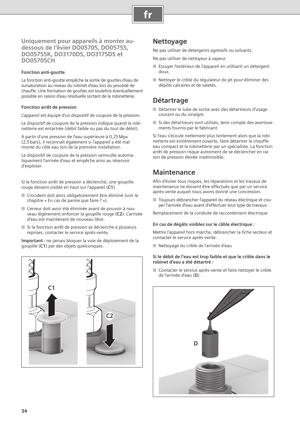 Nettoyage, Détartrage, Maintenance | C1 c2 | Siemens DO05755K User Manual | Page 34 / 64