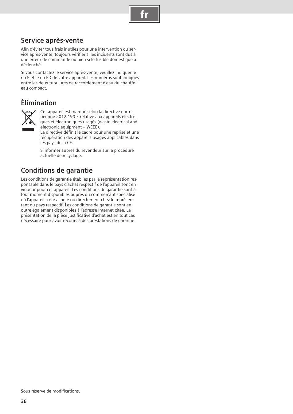 Service après-vente, Èlimination, Conditions de garantie | Siemens DO05755K User Manual | Page 36 / 64