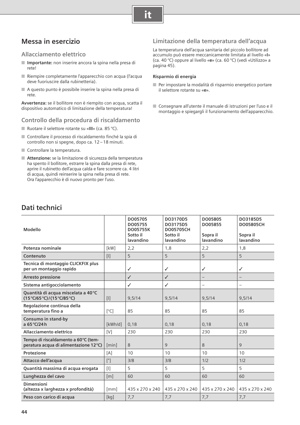 Messa in esercizio, Dati technici, Allacciamento elettrico | Controllo della procedura di riscaldamento, Limitazione della temperatura dell’acqua | Siemens DO05755K User Manual | Page 44 / 64