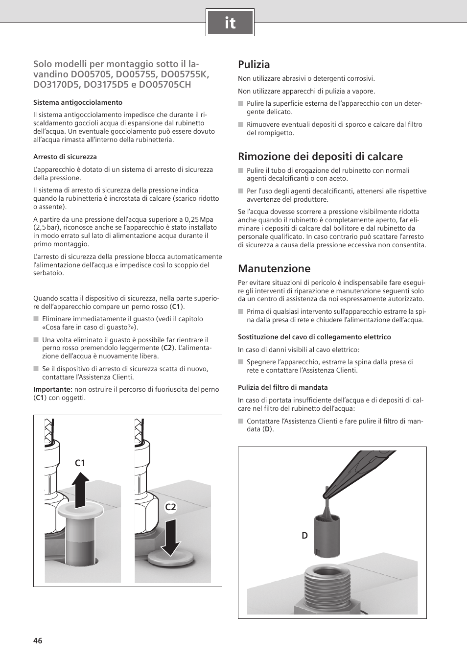 Pulizia, Rimozione dei depositi di calcare, Manutenzione | C1 c2 | Siemens DO05755K User Manual | Page 46 / 64