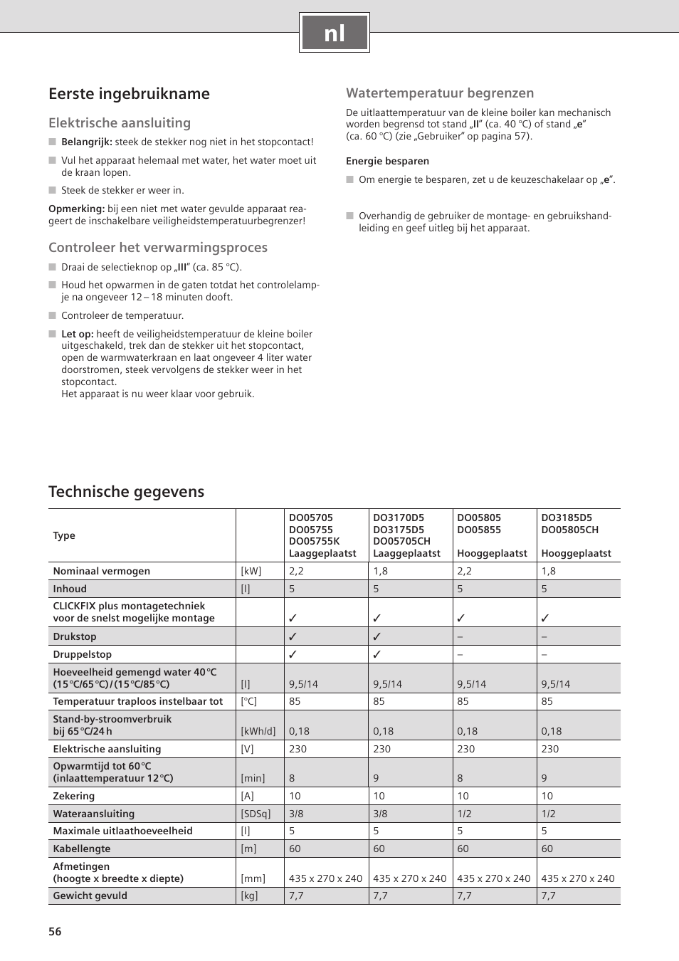 Eerste ingebruikname, Technische gegevens, Elektrische aansluiting | Controleer het verwarmingsproces, Watertemperatuur begrenzen | Siemens DO05755K User Manual | Page 56 / 64