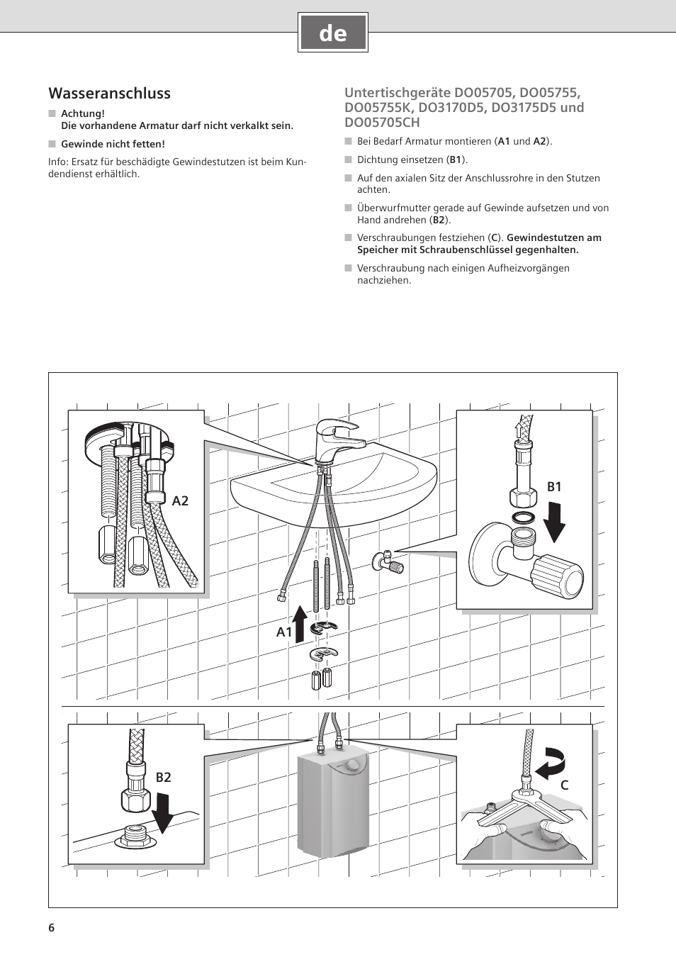 Wasseranschluss, B2 c a1 a2 b1 | Siemens DO05755K User Manual | Page 6 / 64