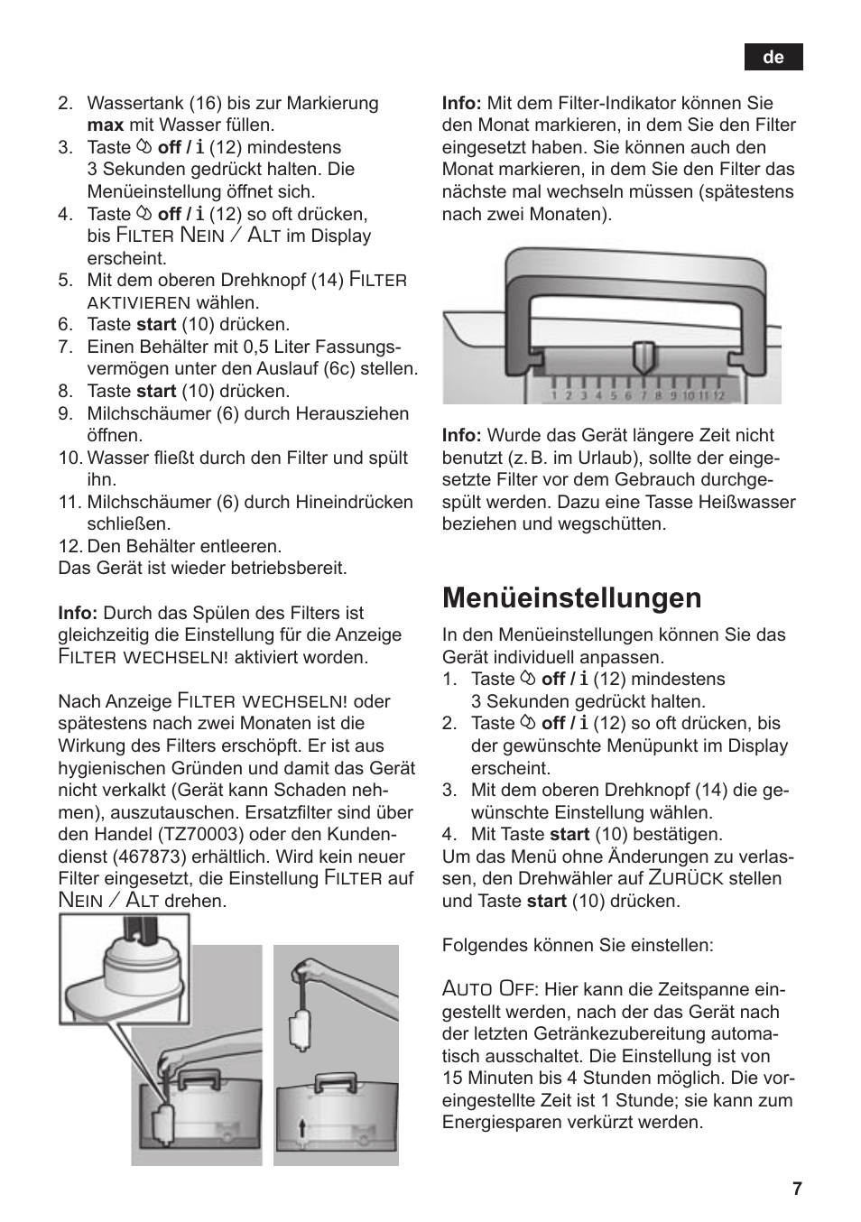 Menüeinstellungen, Filter, Nein / alt | Filter aktivieren, Filter wechseln, Zurück, Auto off | Siemens TE503509DE User Manual | Page 11 / 86