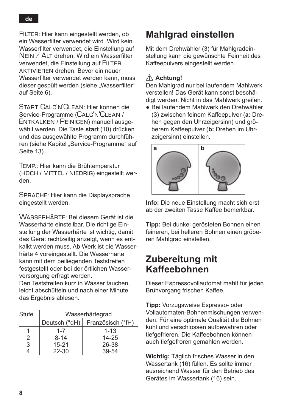 Mahlgrad einstellen, Zubereitung mit kaffeebohnen, Filter | Nein / alt, Filter aktivieren, Start calc‘n‘clean, Calc‘n‘clean, Entkalken, Reinigen, Temp | Siemens TE503509DE User Manual | Page 12 / 86