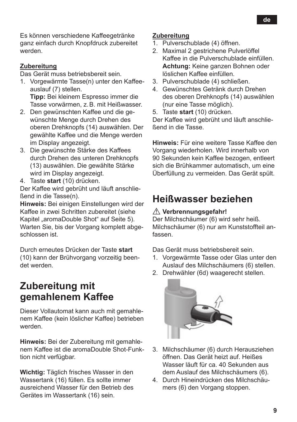 Zubereitung mit gemahlenem kaffee, Heißwasser beziehen | Siemens TE503509DE User Manual | Page 13 / 86