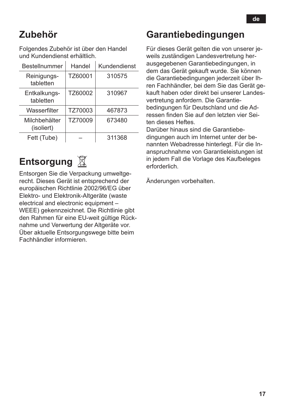 Zubehör, Entsorgung, Garantiebedingungen | Siemens TE503509DE User Manual | Page 21 / 86