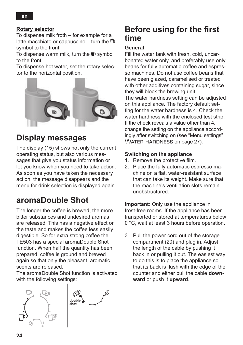 Display messages, Aromadouble shot, Before using for the first time | Water hardness | Siemens TE503509DE User Manual | Page 28 / 86