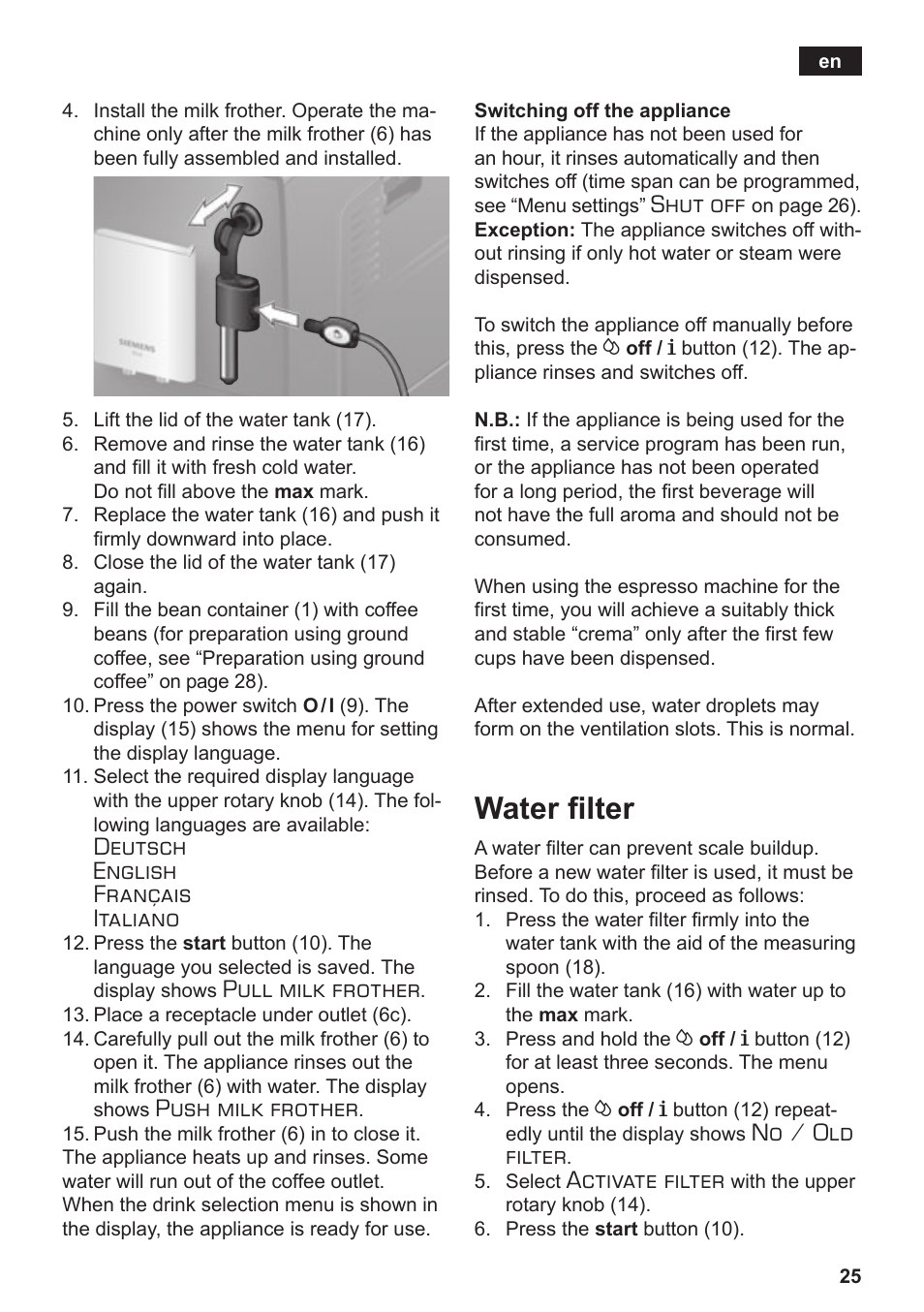 Water filter, Deutsch english français italiano, Pull milk frother | Push milk frother, Shut off, No / old filter, Activate filter | Siemens TE503509DE User Manual | Page 29 / 86